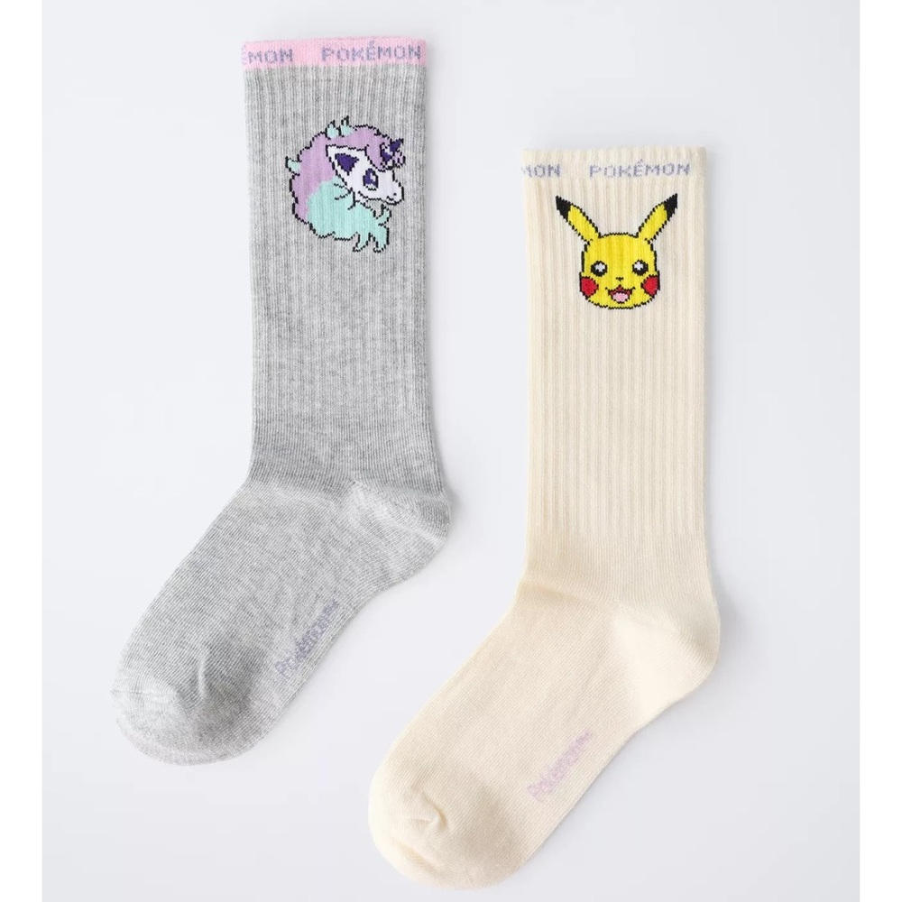 Zara Pokemon Kids Crew Socks - Gray & Cream Pokémon Pikachu & Ponyta
